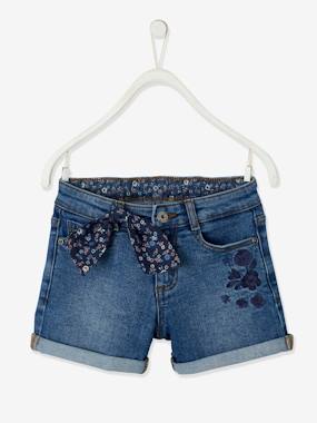 Denim Shorts with Floral Print Embroidered Bow