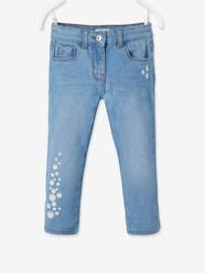 Girls-Trousers-Cropped Denim Trousers with Embroidered Flowers, for Girls