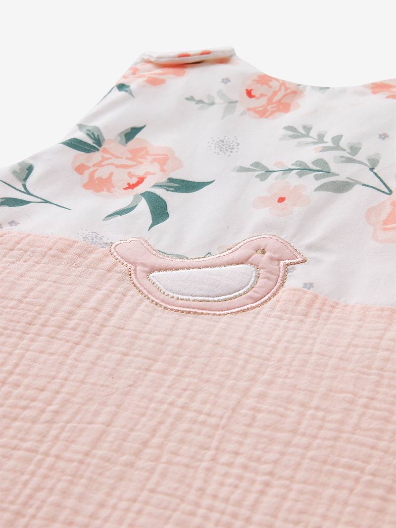 Sleeveless Baby Sleep Bag in Cotton Gauze, EAU DE ROSE Theme light