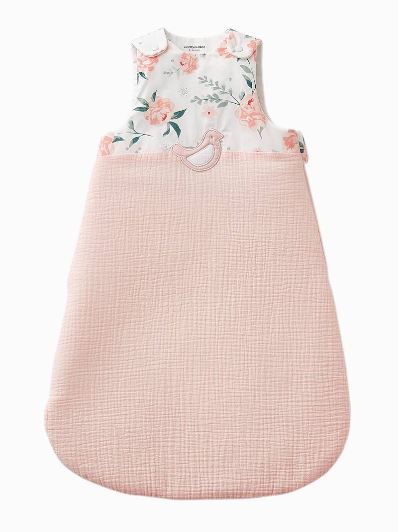 Sleeveless Baby Sleep Bag in Cotton Gauze, EAU DE ROSE Theme light