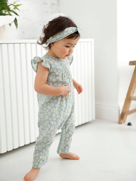 Jumpsuit + Headband Set, for Baby Girls Dark Blue/Print+Green/Print+PINK BRIGHT ALL OVER PRINTED 