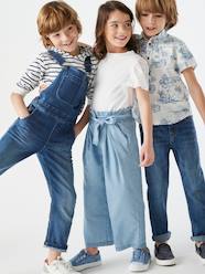 Girls-Trousers-Wide, Cropped Paperbag-Type Trousers in Lightweight Denim, for Girls