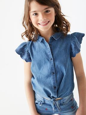 Denim Blouse with Embroidered Ruffle on Sleeves