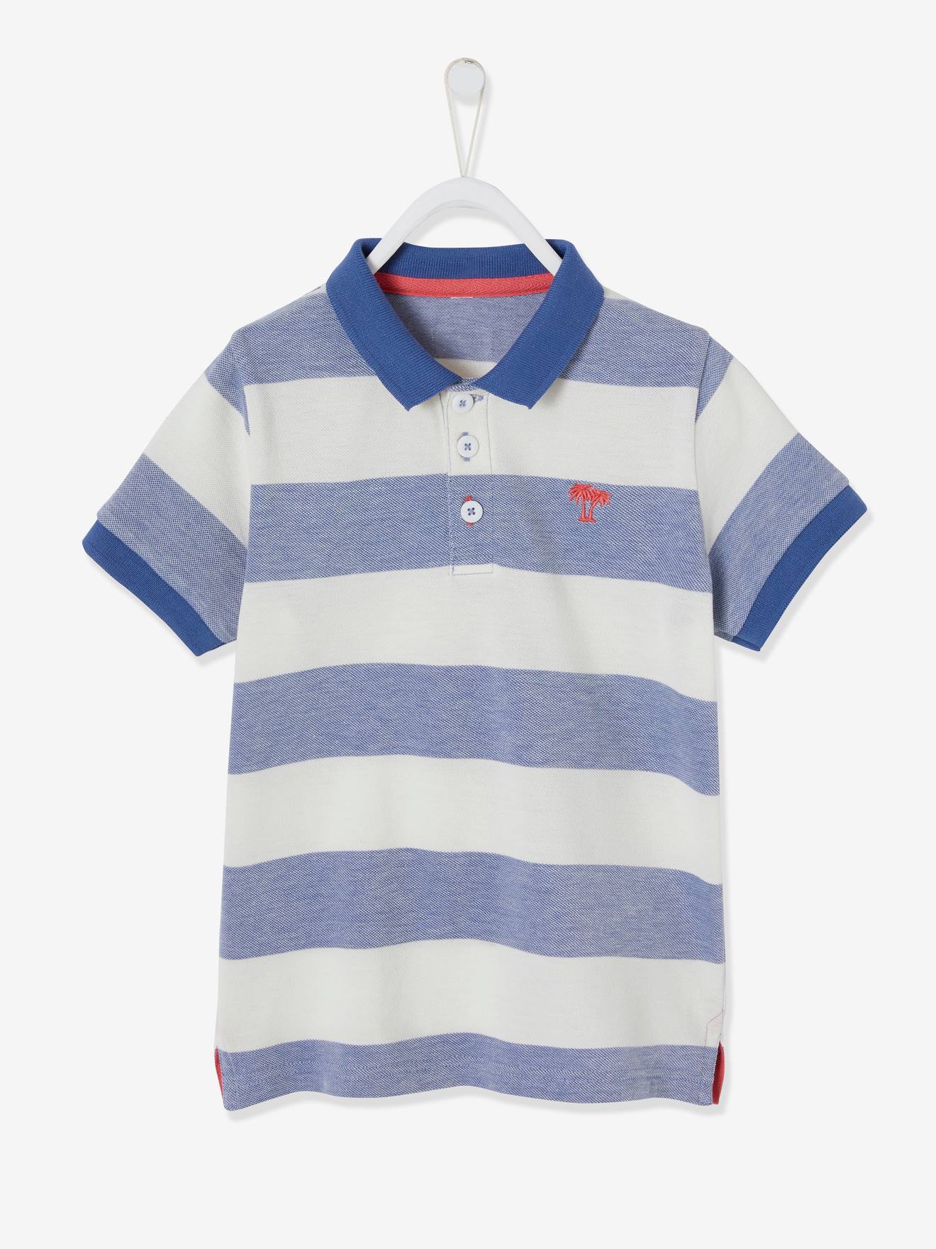 Polo Shirt with Wide Stripes in Piqué Knit for Boys - blue stripes ...