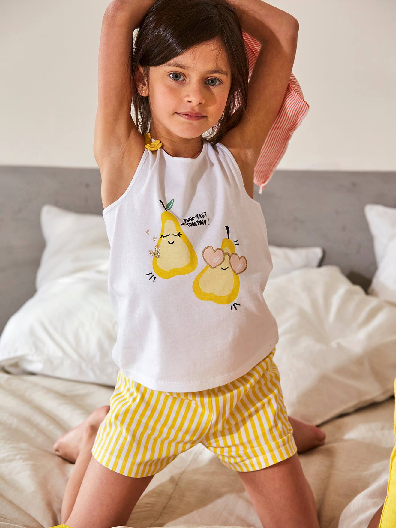 Short Pyjamas with Pear Print for Girls white, Girls Vertbaudet