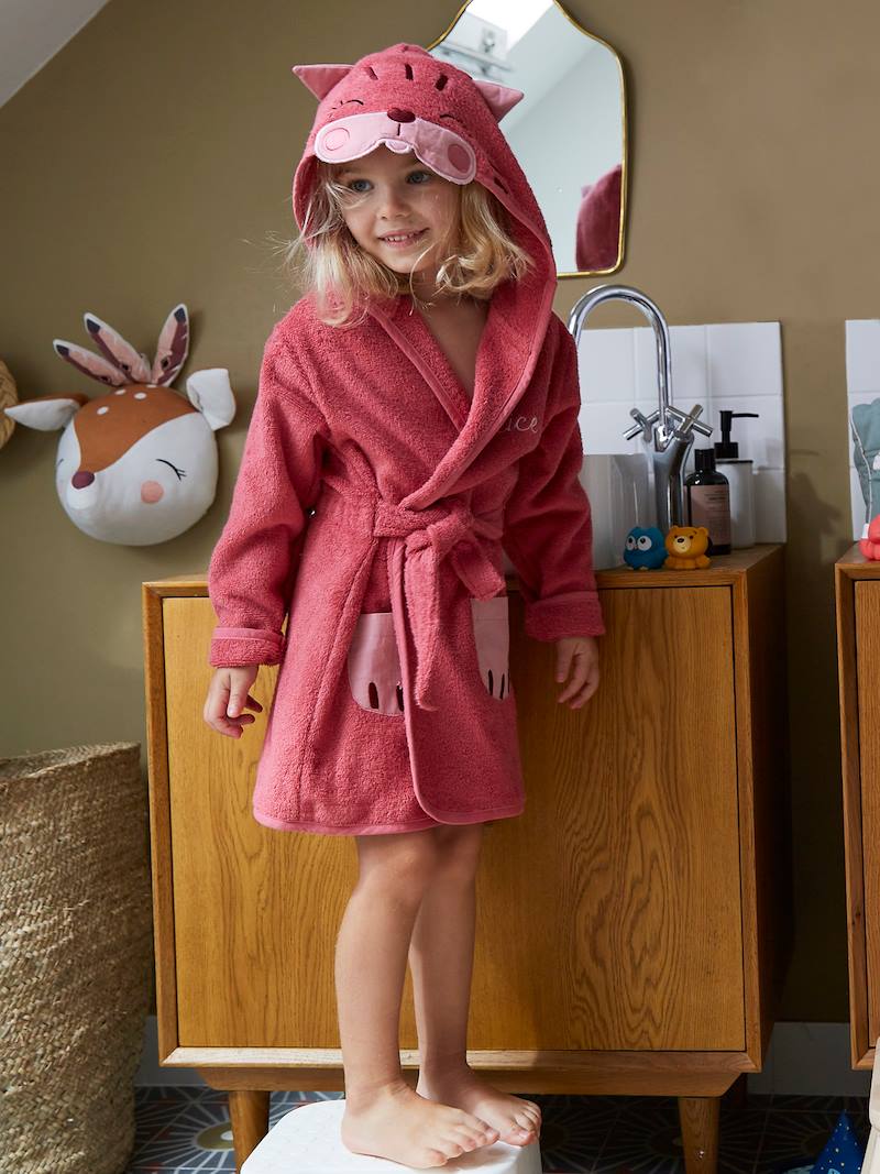 Cat Bathrobe for Children dark pink, Bedding & Decor Vertbaudet