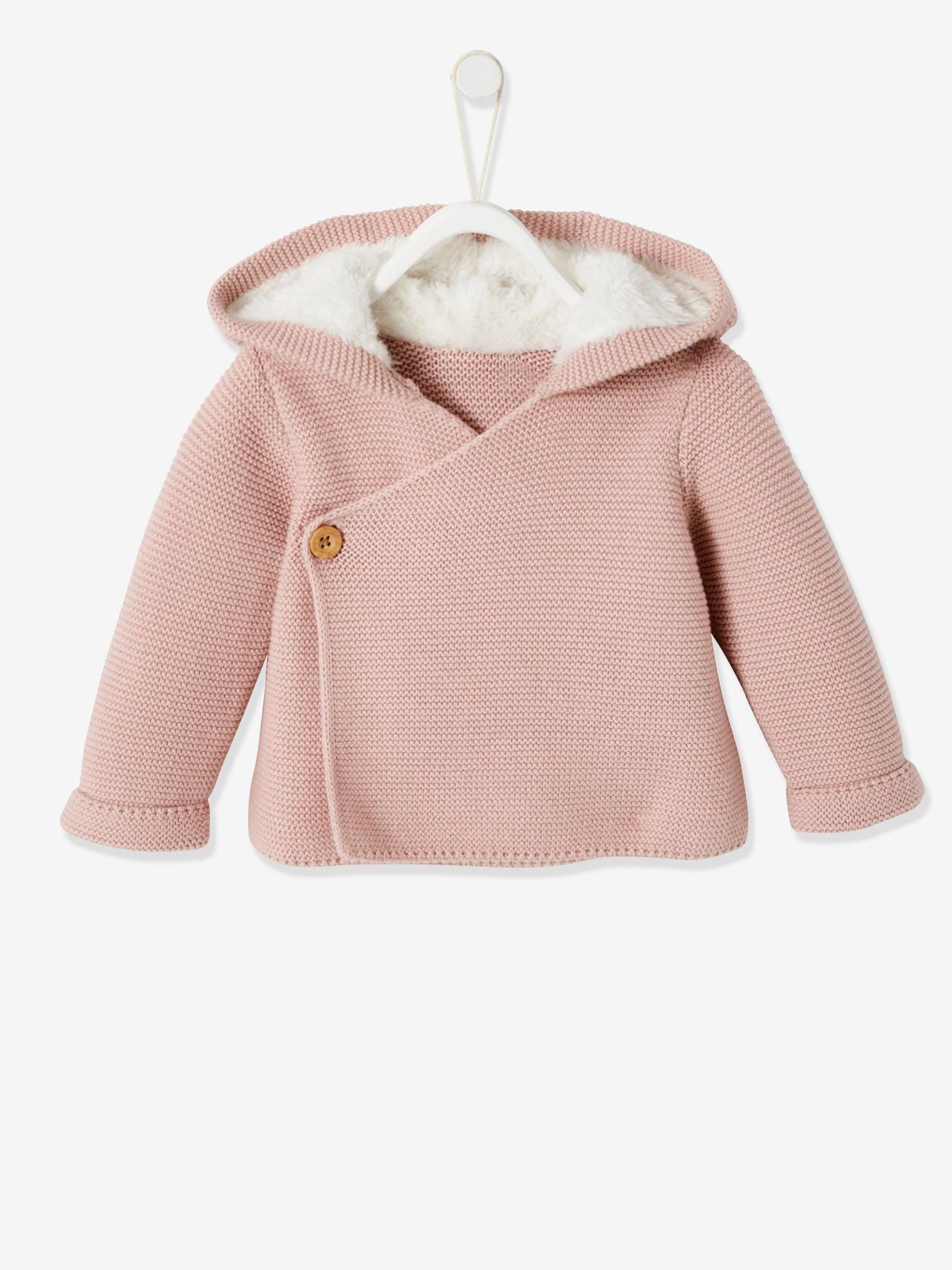 Hooded Cardigan for Babies, Faux Fur Lining light pink