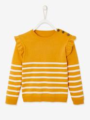 Girls-Cardigans, Jumpers & Sweatshirts-Striped Jumper with Ruffled Shoulders for Girls