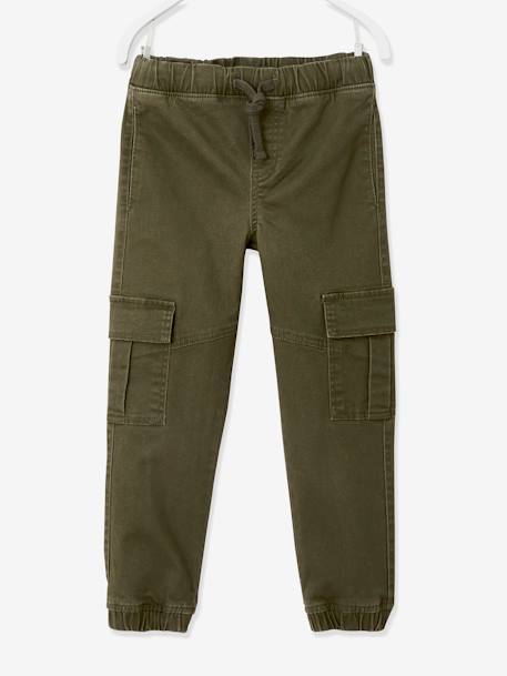 Boys Solid Cotton Cargo Trousers With Drawstrings