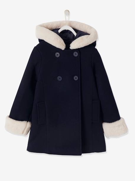 Hooded Woollen Jacket with Recycled Polyester Padding, for Girls Dark Blue+PINK MEDIUM SOLID 