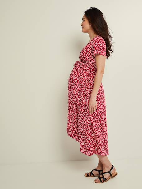 Floral Print Dress with Tie Belt for Maternity & Nursing Dark Pink/Print+WHITE LIGHT ALL OVER PRINTED 
