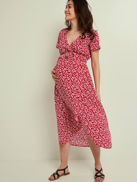 Floral Print Dress with Tie Belt for Maternity & Nursing Dark Pink/Print+WHITE LIGHT ALL OVER PRINTED 