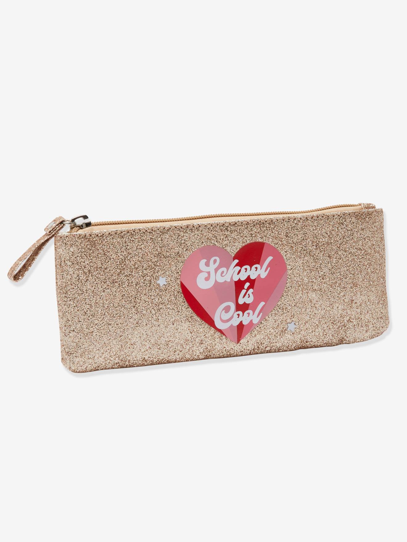 Pencil Case with Glitter & ’School is Cool’ Heart, for Girls gold