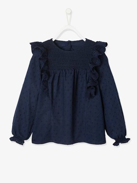Blouse with Broderie Anglaise Ruffles for Girls Dark Blue+GREEN MEDIUM SOLID 