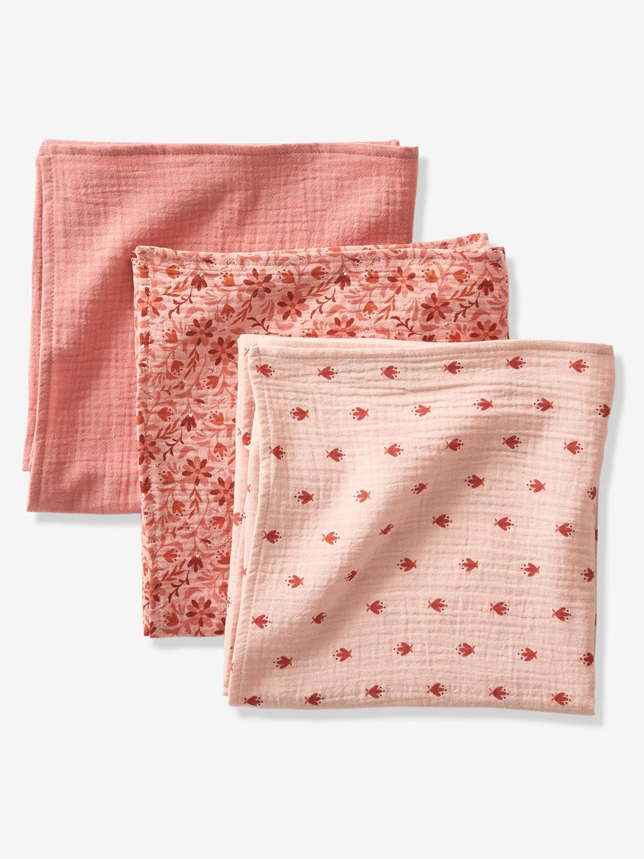 Pack of 3 Muslin Squares in Cotton Gauze, by BEBE BOHEME pink