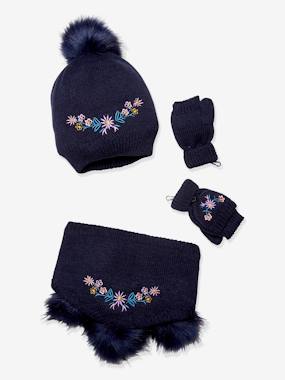 Embroidered Flowers Beanie Snood Fingerless Gloves Set