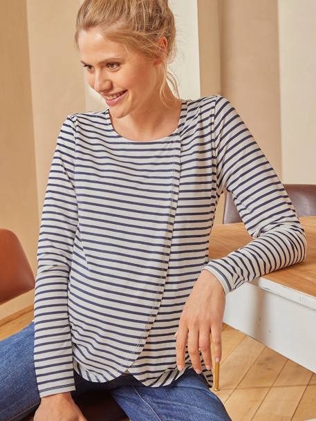 Top with Crossover Panels, Maternity & Nursing Special White Stripes 