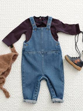 Denim Dungarees Striped Top Outfit