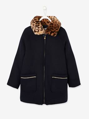 Woollen Jacket Removable Faux Fur Collar Padding In Recycled Polyester For Girls Dark Blue