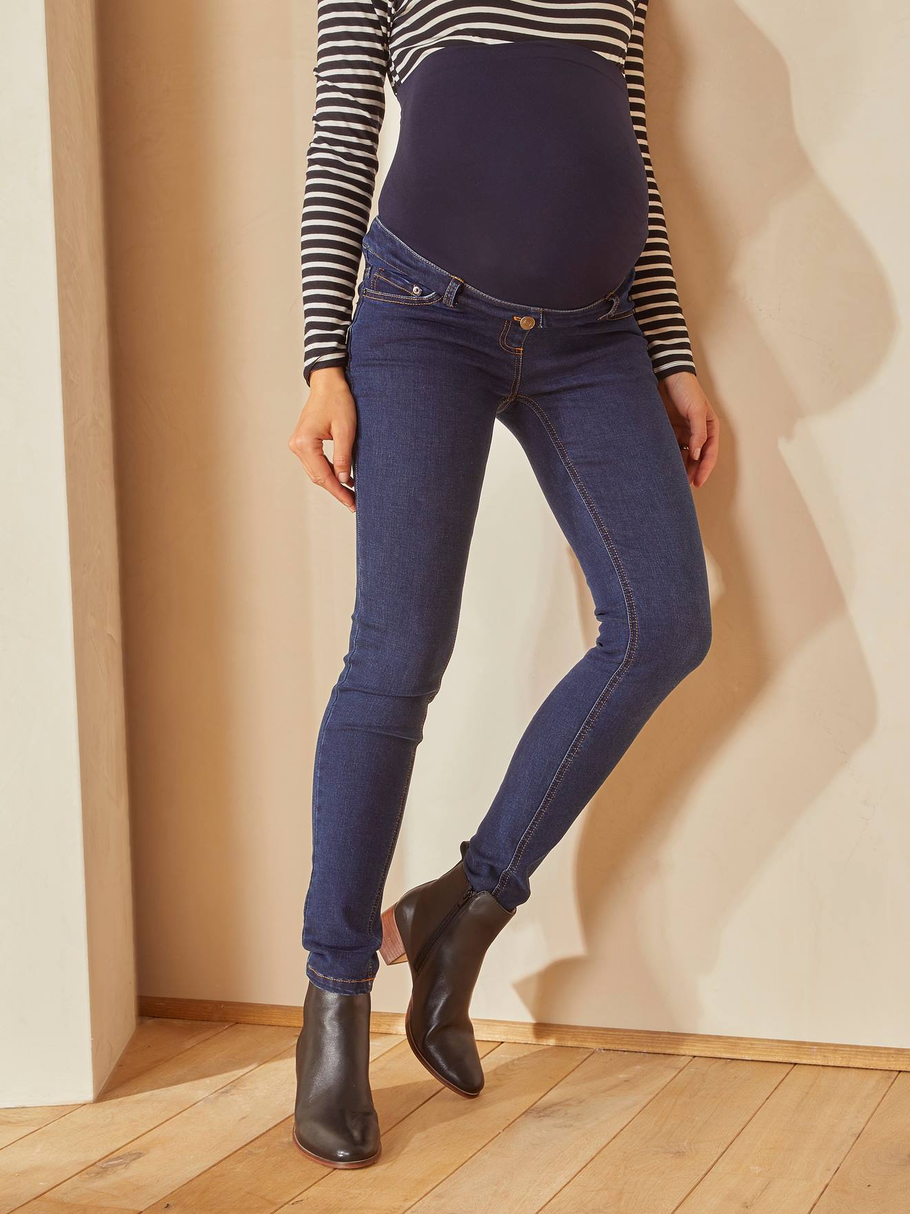 Slim Leg Maternity Jeans with Seamless Belly Wrap dark blue