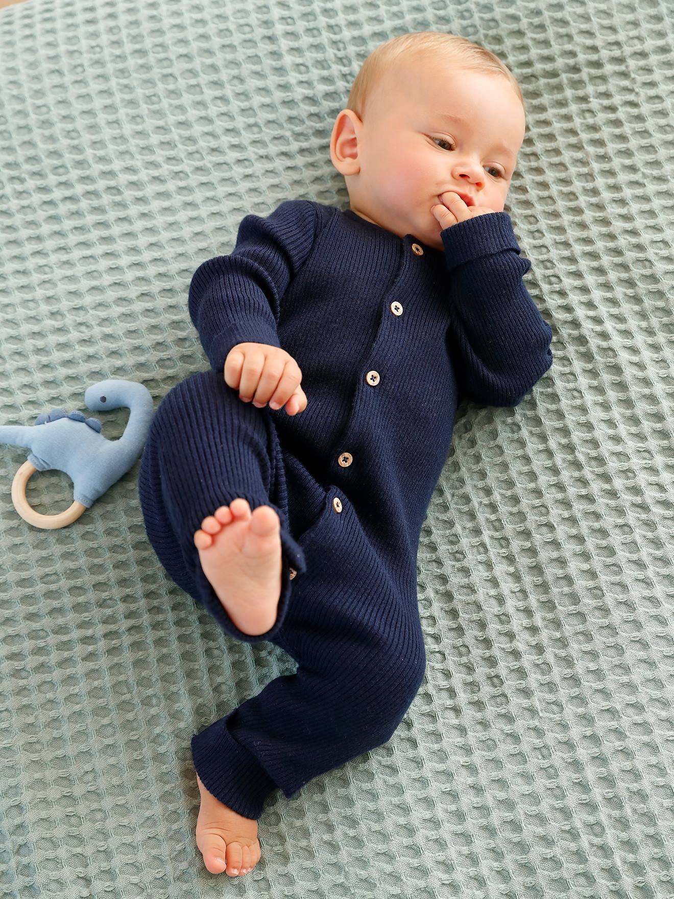 Long Sleeve Jumpsuit in Rib Knit for Babies - dark blue