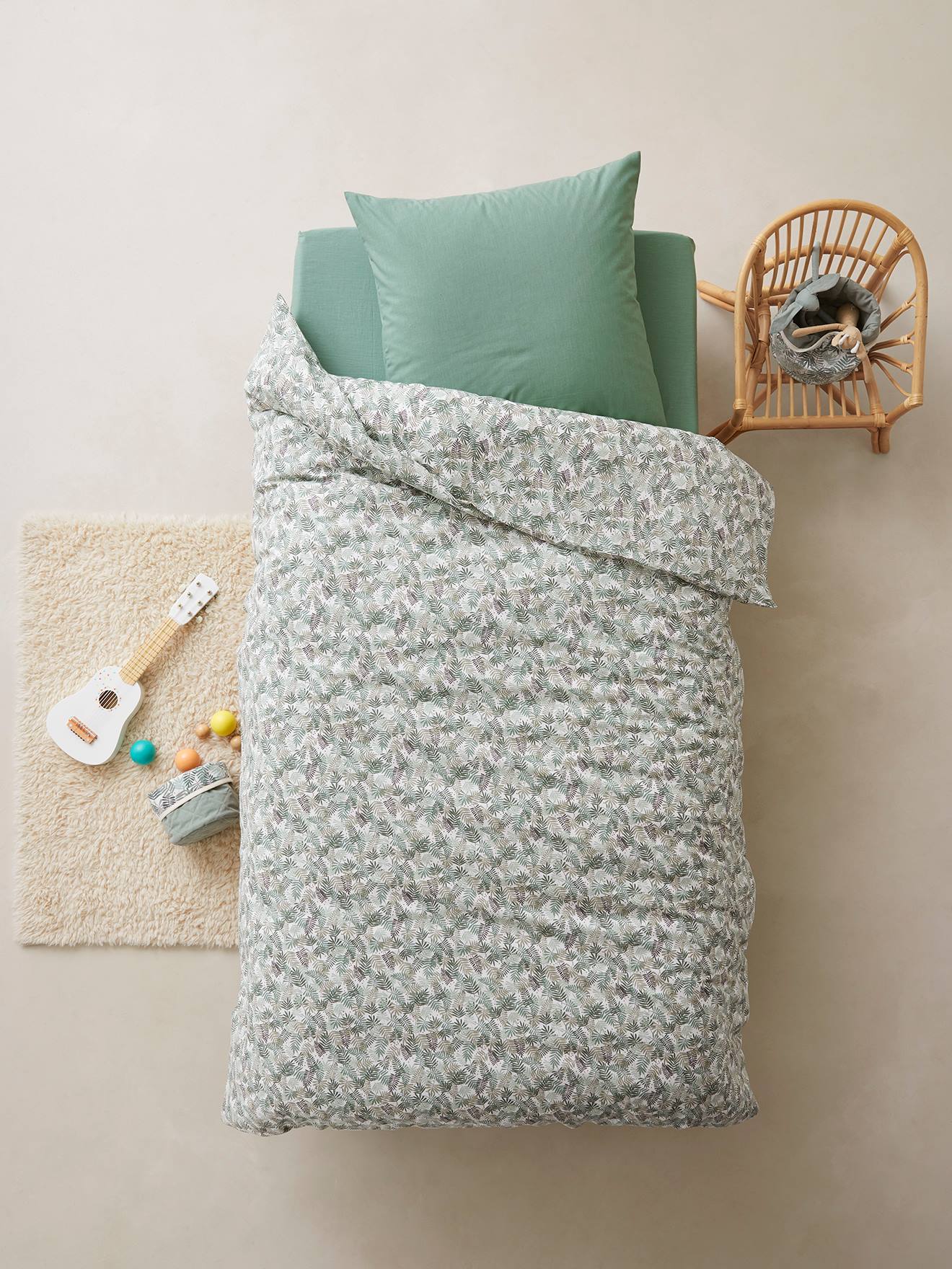 Duvet Cover + Pillowcase Set for Children, Tropical, Basics green/print
