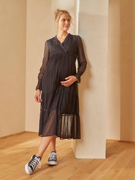 Long Frilly Dress, Maternity & Nursing Special Black 