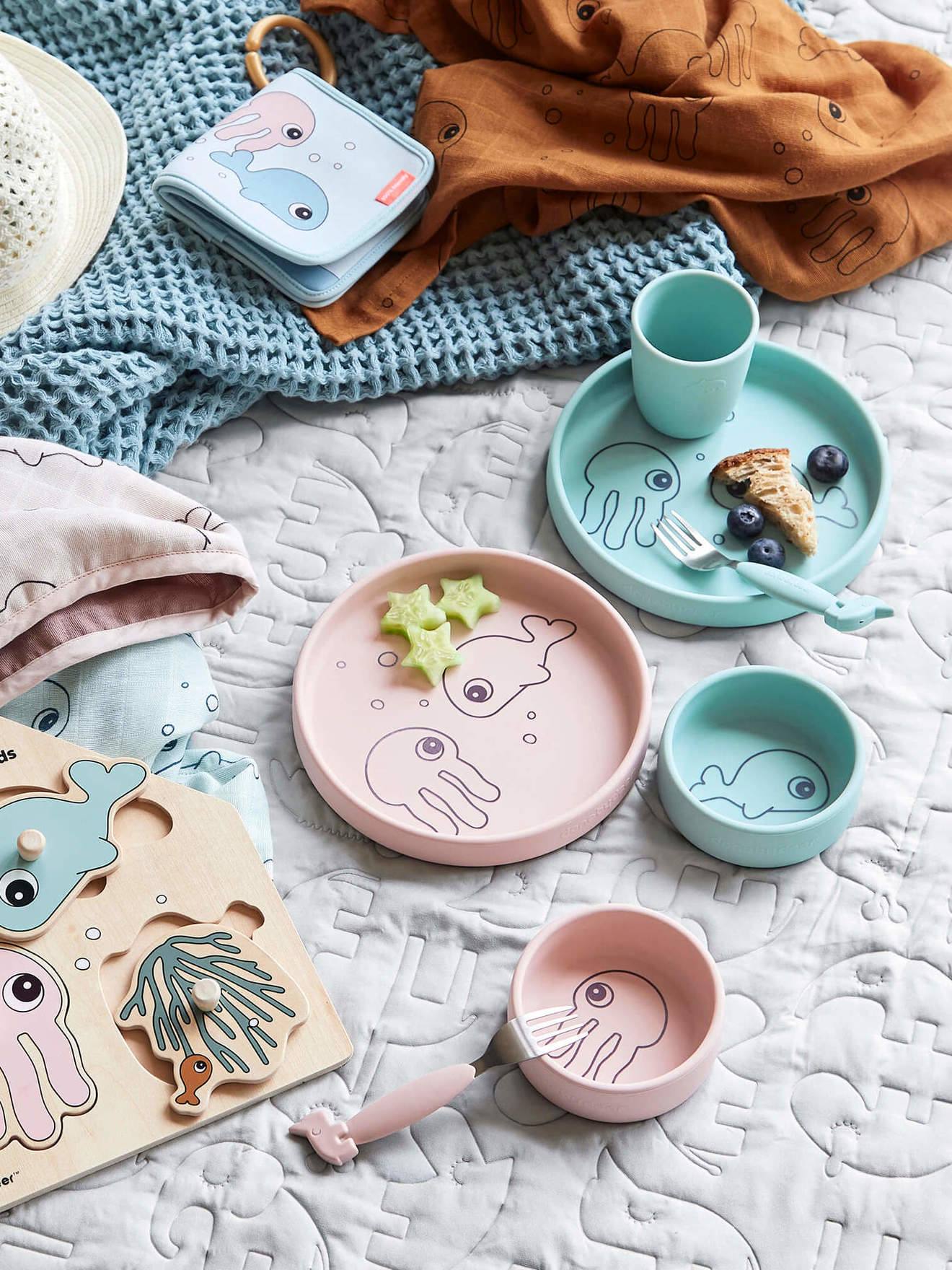 3-Piece Sea Friends Dinner Set in Silicone, DONE BY DEER - pink light solid  with design, Nursery