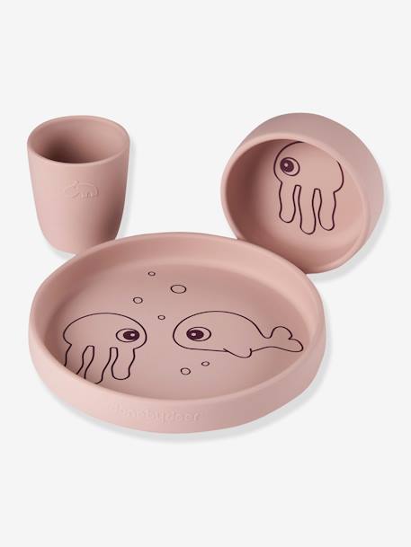 3-Piece Sea Friends Dinner Set in Silicone, DONE BY DEER BLUE LIGHT SOLID WITH DESIGN+PINK LIGHT SOLID WITH DESIGN 