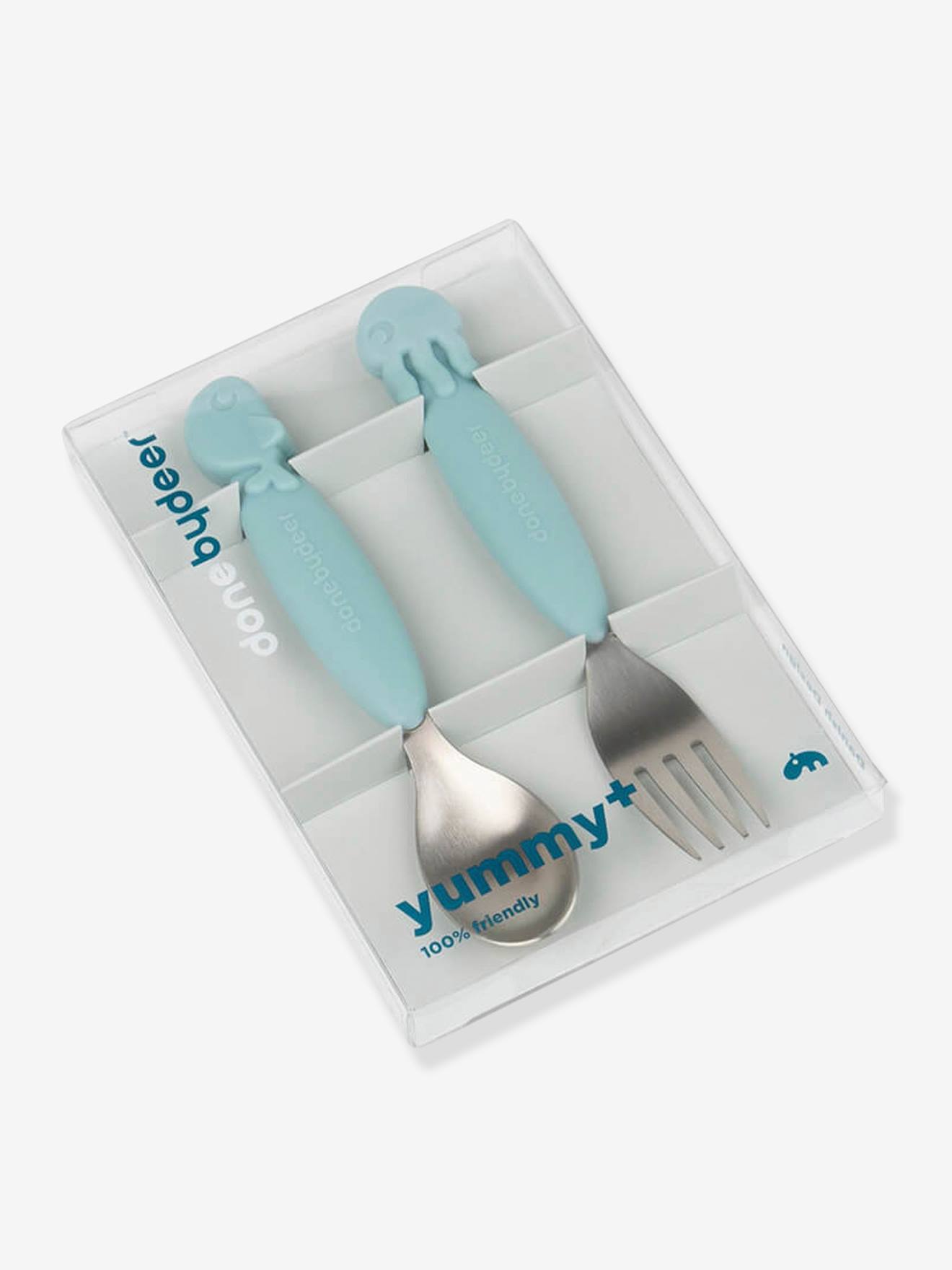 YummyPlus Sea Friends 2-Piece Cutlery Set, by DONE BY DEER blue light solid