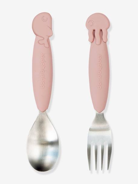 YummyPlus Sea Friends 2-Piece Cutlery Set, by DONE BY DEER PINK LIGHT SOLID+YELLOW DARK SOLID 