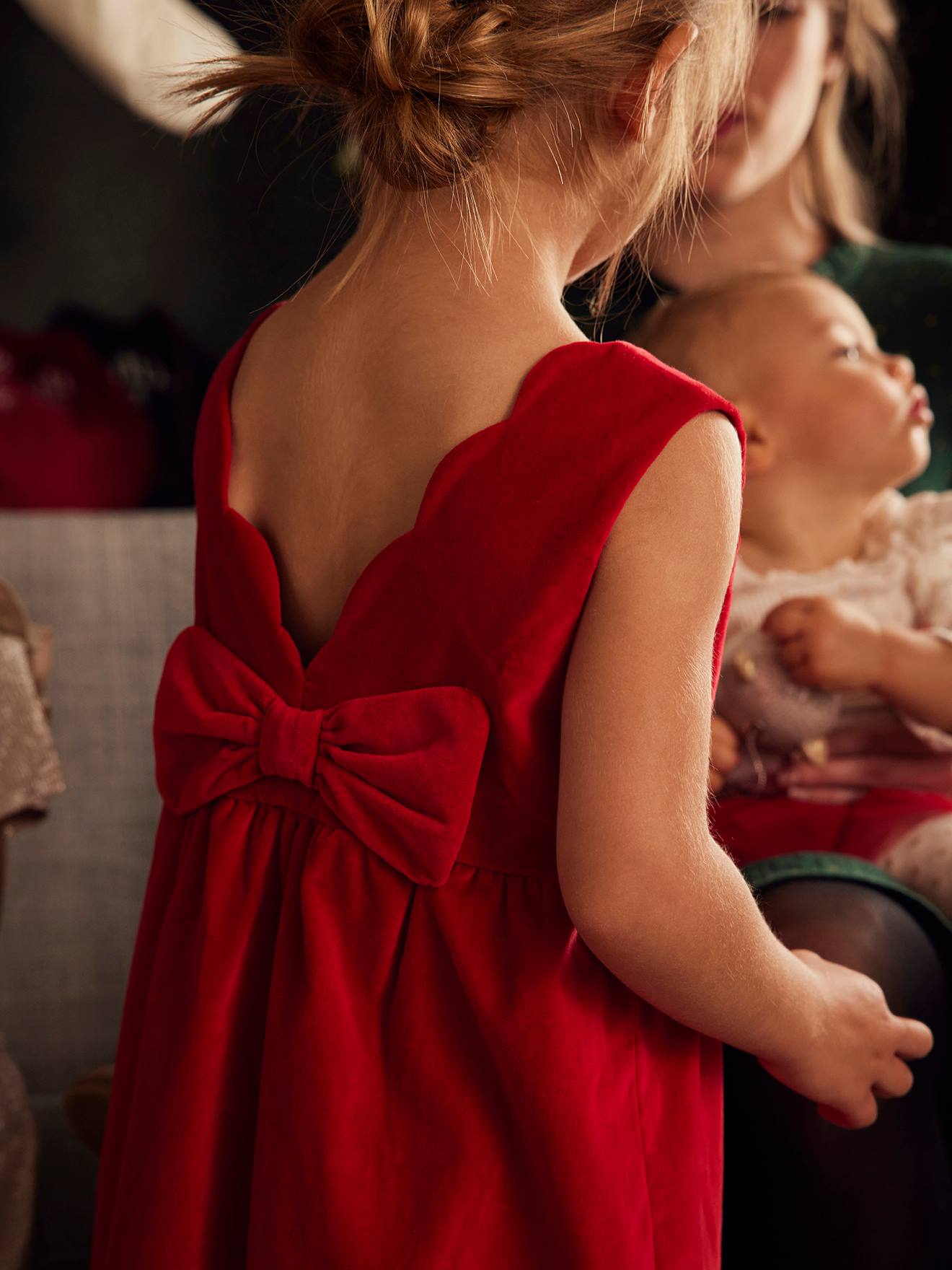 Velour Occasionwear Dress with Bow on the Back, for Girls dark red