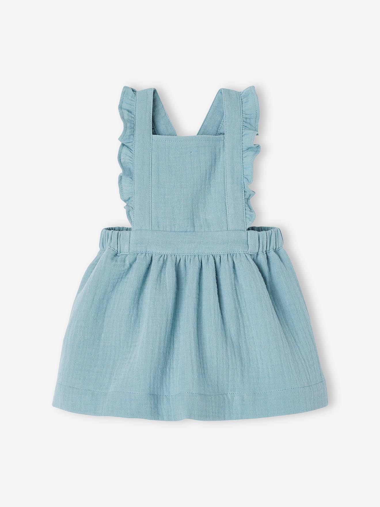 Dungaree Dress in Cotton Gauze, for Babies green medium solid