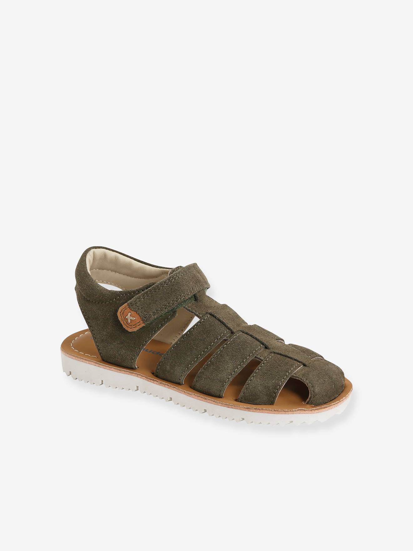 Leather Sandals with Touch Fastening Strap, for Baby Boys green dark solid