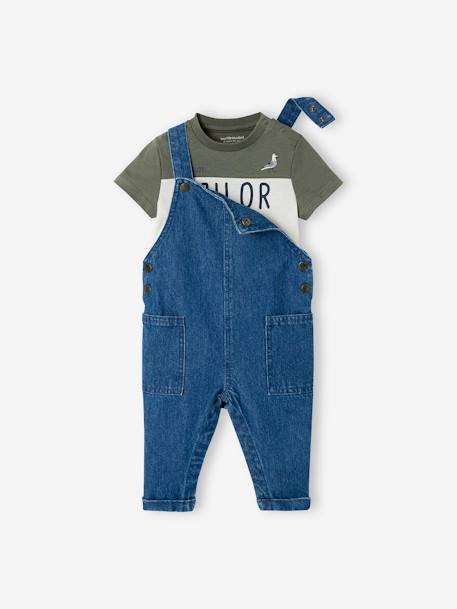 Denim Dungarees + T-Shirt Outfit, for Babies Bleached Denim+BLUE DARK SOLID 