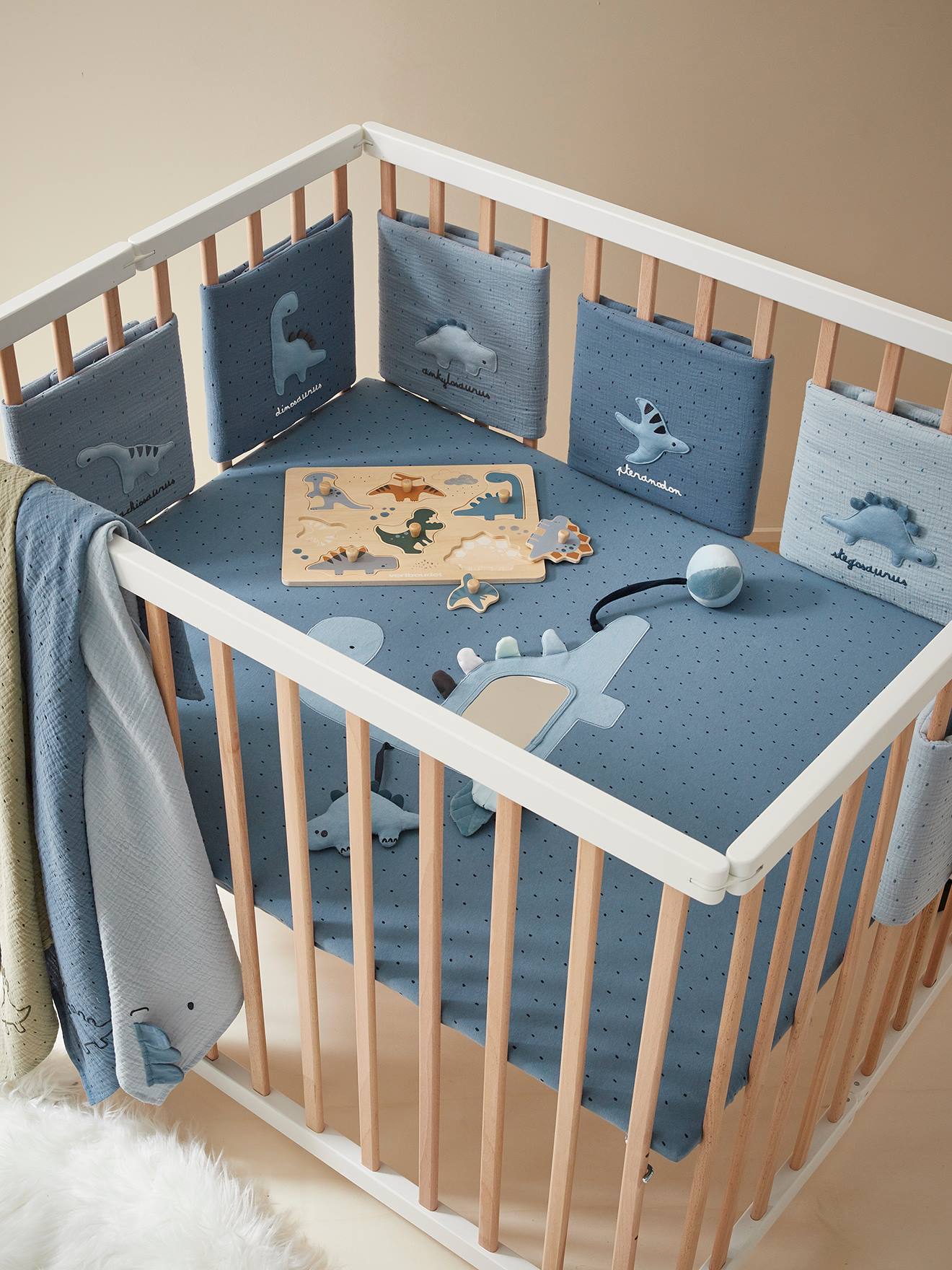 Cot Playpen Bumper Little Dino blue medium all over printed