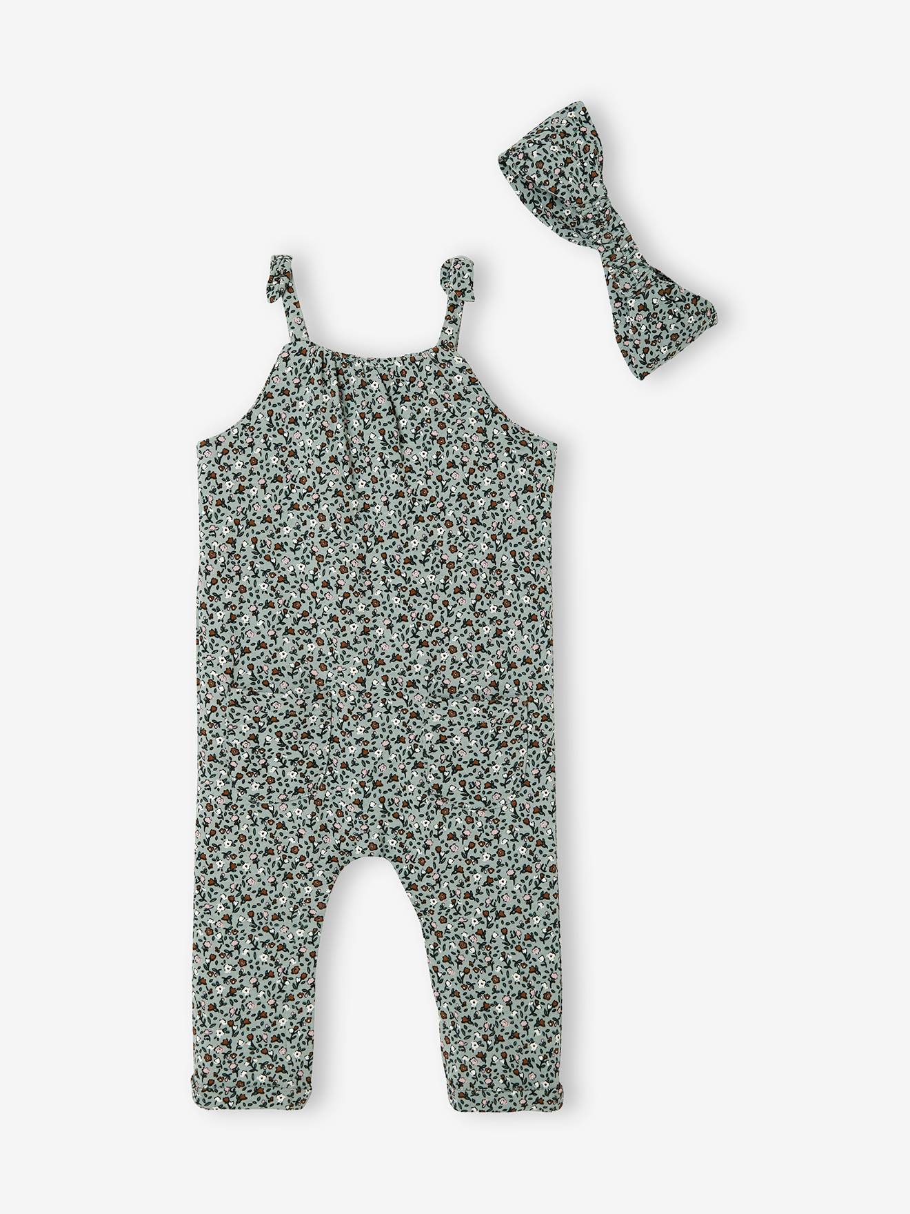 Fleece Jumpsuit & Hairband Set for Baby Girls - green medium all