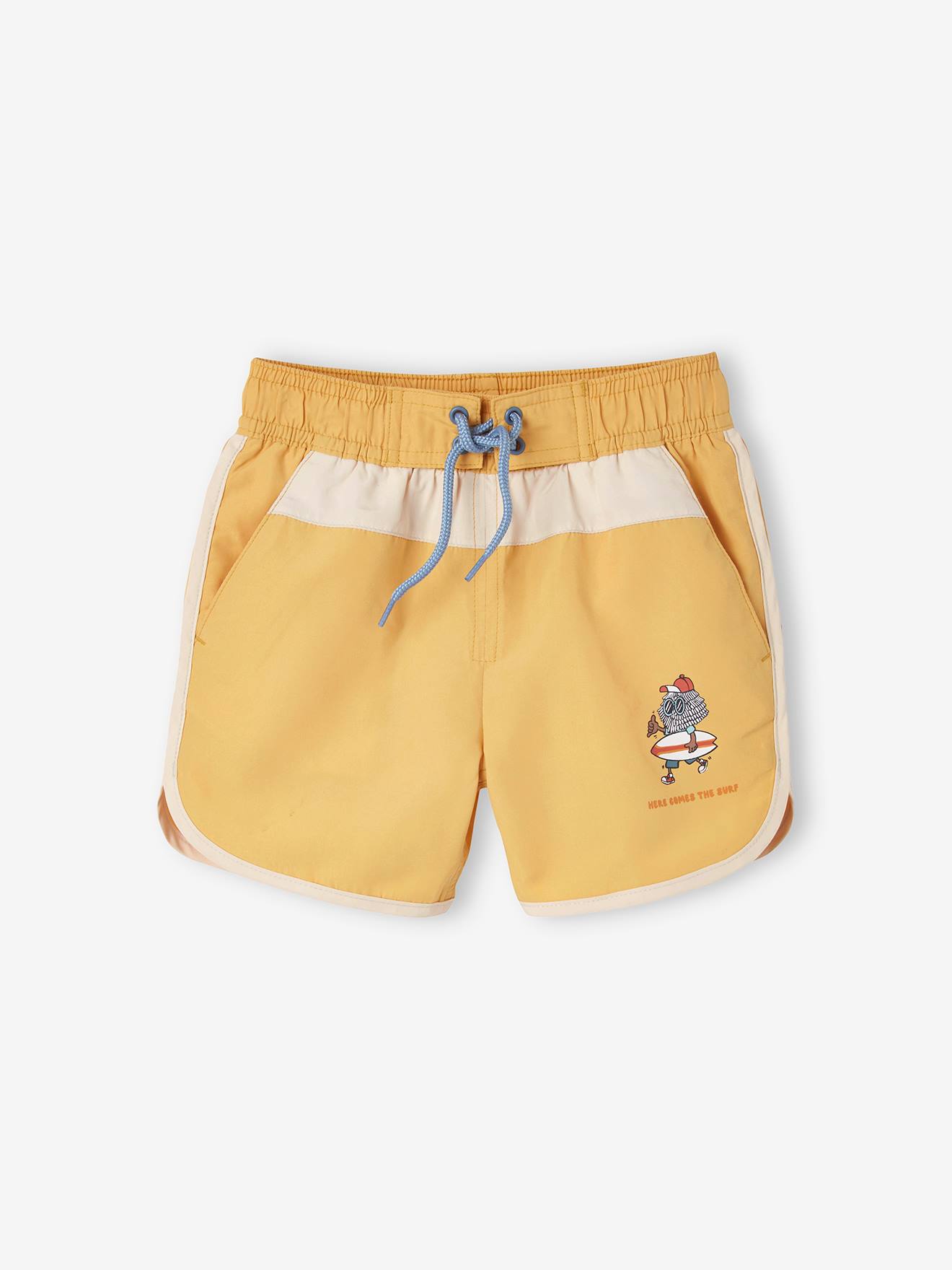 Two-Tone Swim Shorts with Surfing Print for Boys yellow light solid