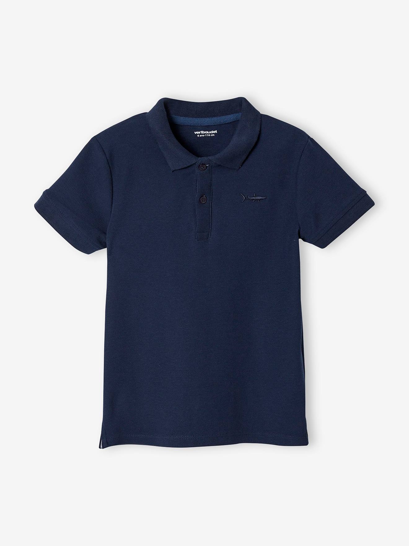 Short Sleeve Polo Shirt, Embroidery on the Chest, for Boys blue medium solid with design