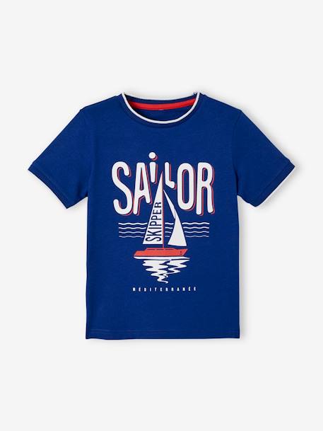 T-Shirt with Boat, for Boys BLUE MEDIUM SOLID WITH DESIGN 