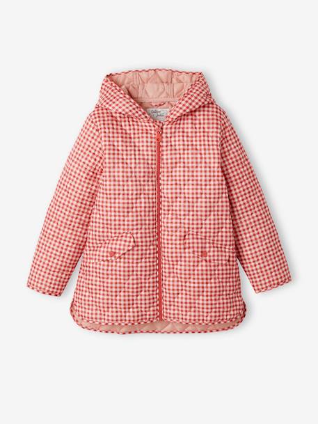 Quilted Jacket with Hood, Recycled Polyester Padding, for Girls GREEN LIGHT SOLID+RED LIGHT STRIPED 