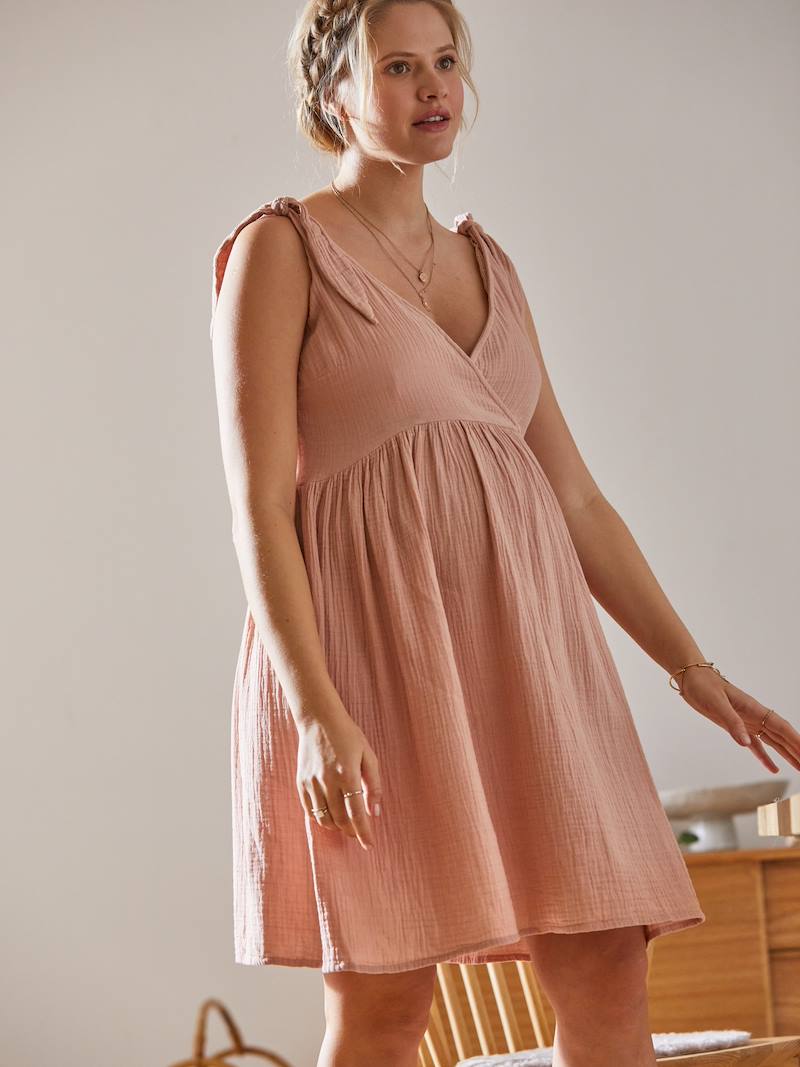 Short Cotton Gauze Dress, Maternity & Nursing Special pink light solid, Maternity Vertbaudet