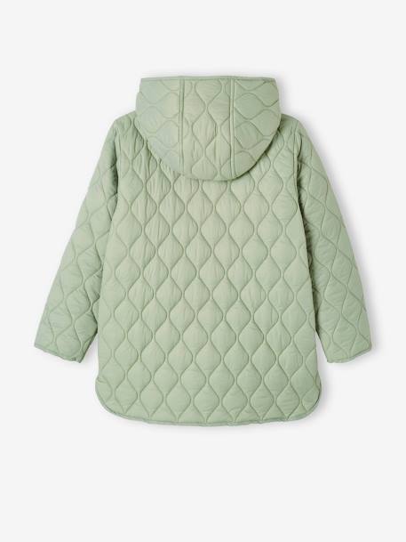 Quilted Jacket with Hood, Recycled Polyester Padding, for Girls GREEN LIGHT SOLID+RED LIGHT STRIPED 