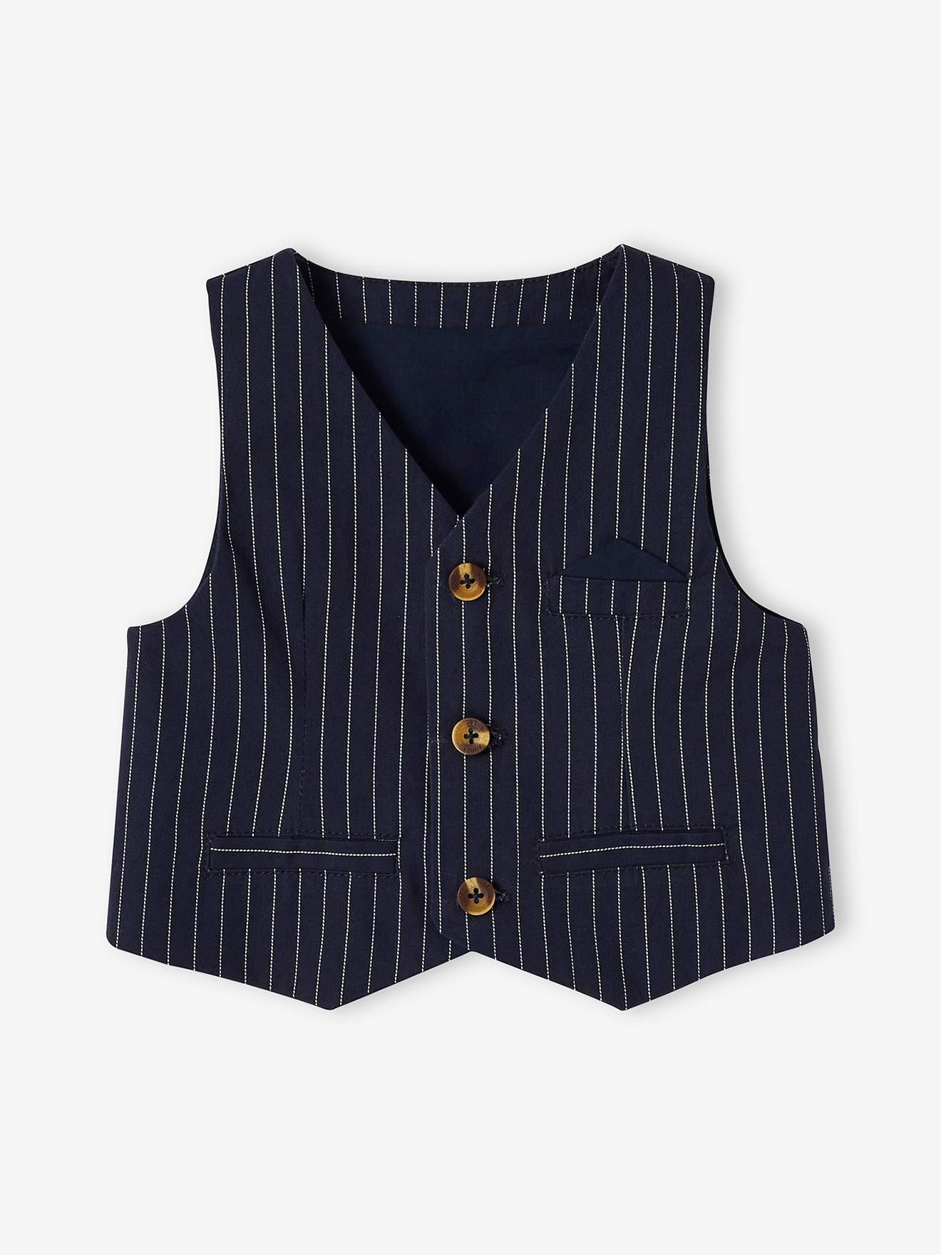 Special Occasion Waistcoat in Cotton & Linen, for Babies blue dark striped