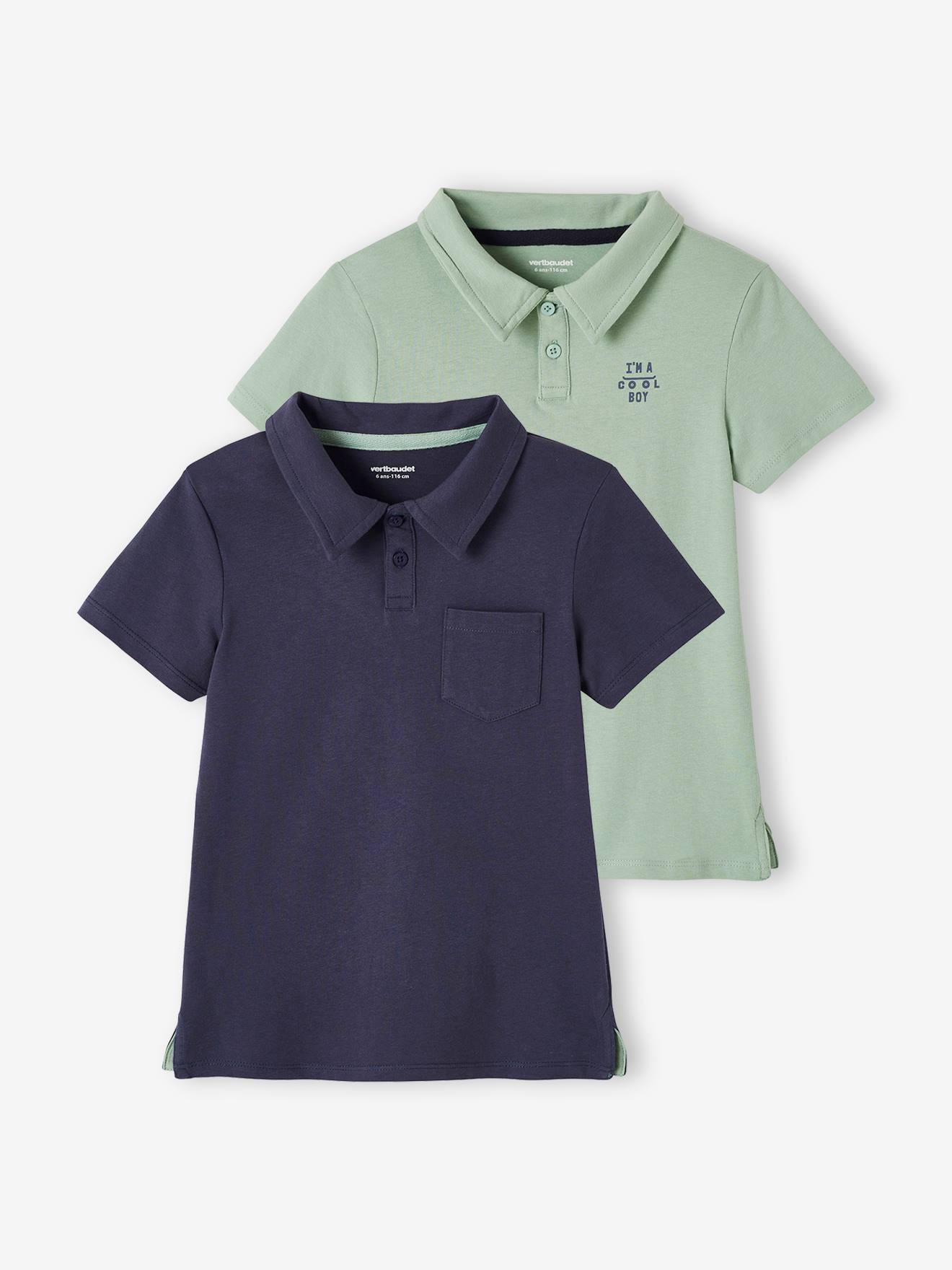 Set of 2 Plain, Short Sleeve Polo Shirts, for Boys blue light solid with design