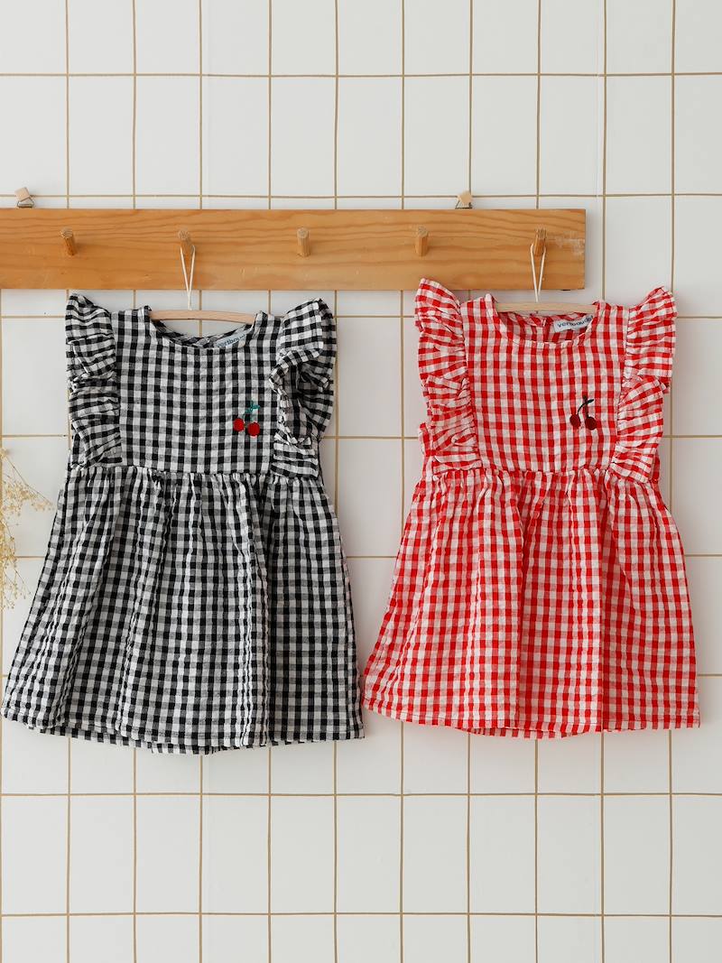 Sleeveless Gingham Dress, for Babies dark blue checks, Baby Vertbaudet