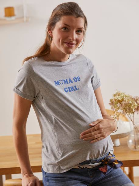 T-Shirt with Message, in Organic Cotton, Pregnancy & Nursing Special GREY MEDIUM SOLID WITH DESIGN 