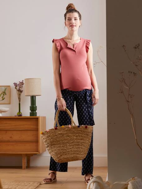 Grandad-Style T-Shirt for Maternity BROWN LIGHT SOLID+WHITE LIGHT ALL OVER PRINTED 