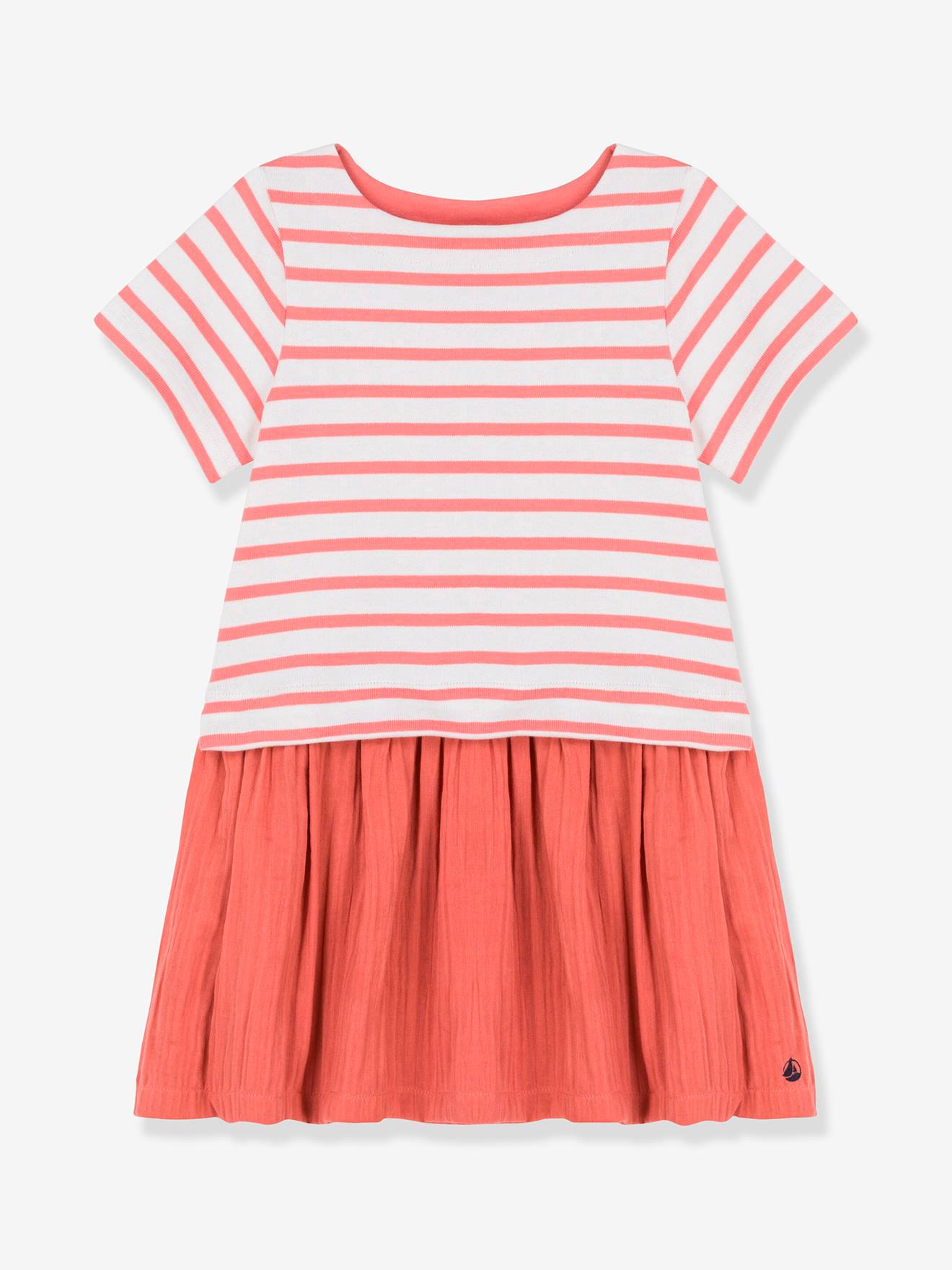 Short Sleeve Dress in Jersey Knit and Organic Cotton Gauze, by PETIT BATEAU red light striped
