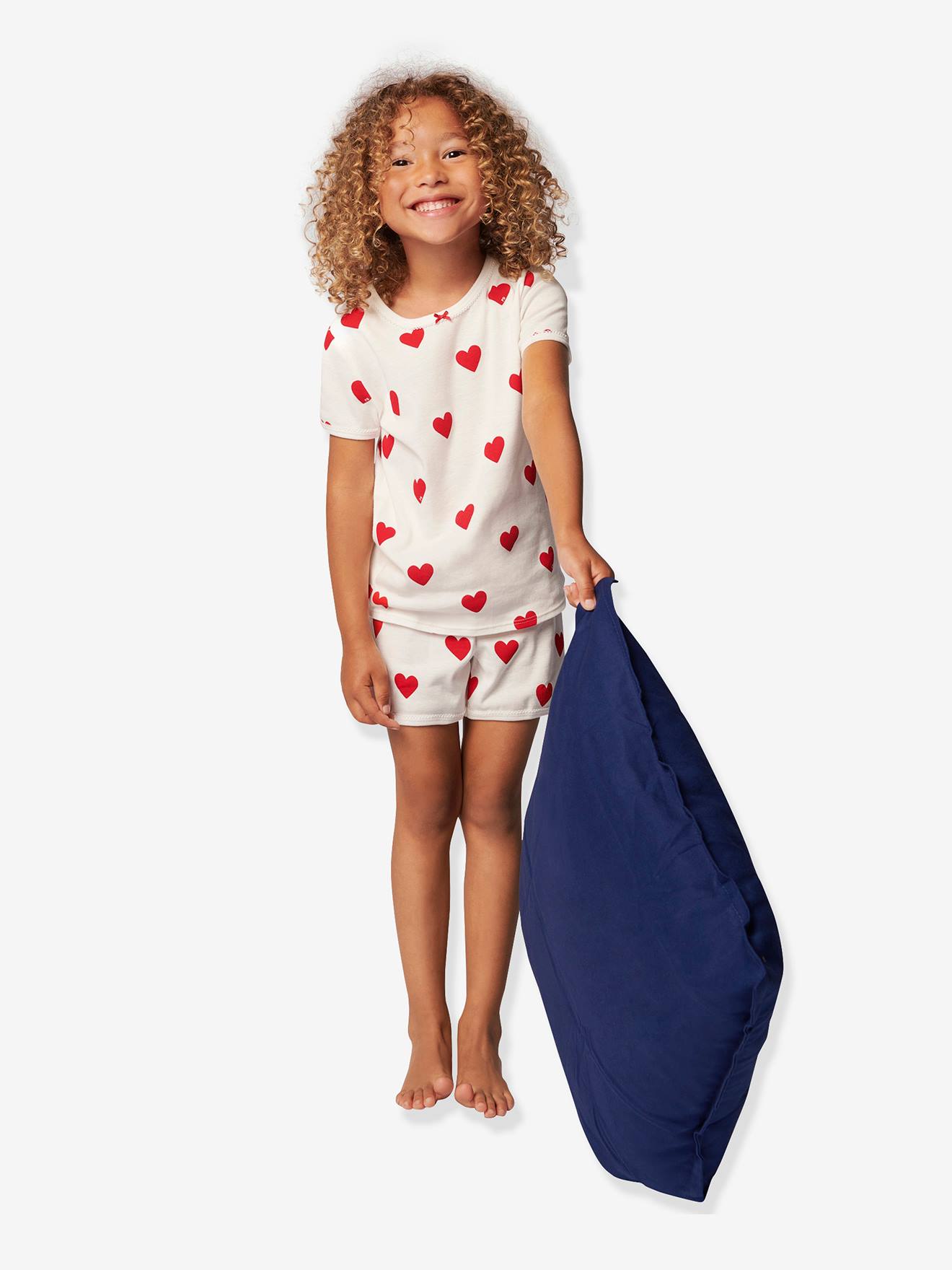 Short Sleeve Heart Pyjamas in Organic Cotton for Girls, by Petit Bateau white light all over printed